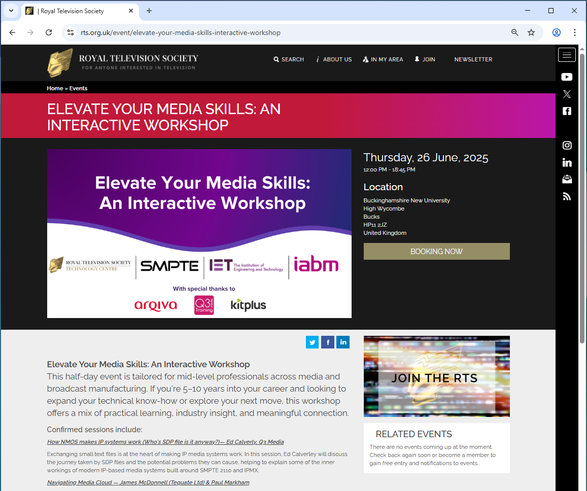 Web browser screenshot showing RTS webpage for the event.