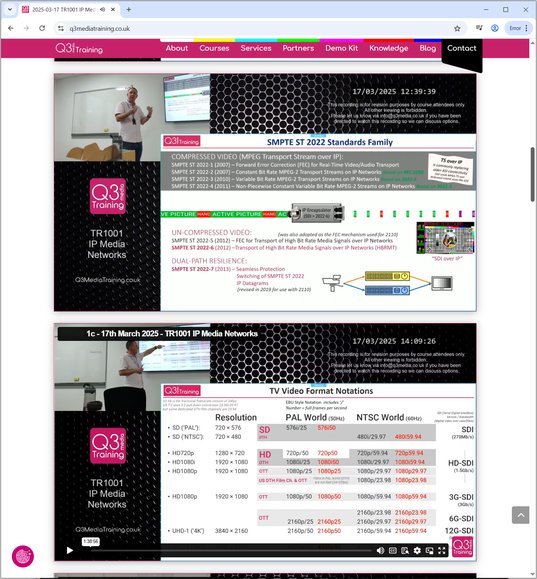 Recording Webpage Screenshot of web browser showing a page with embedded training videos. Slides shown include discussion of SMPTE 2022 standards family and TV video formats