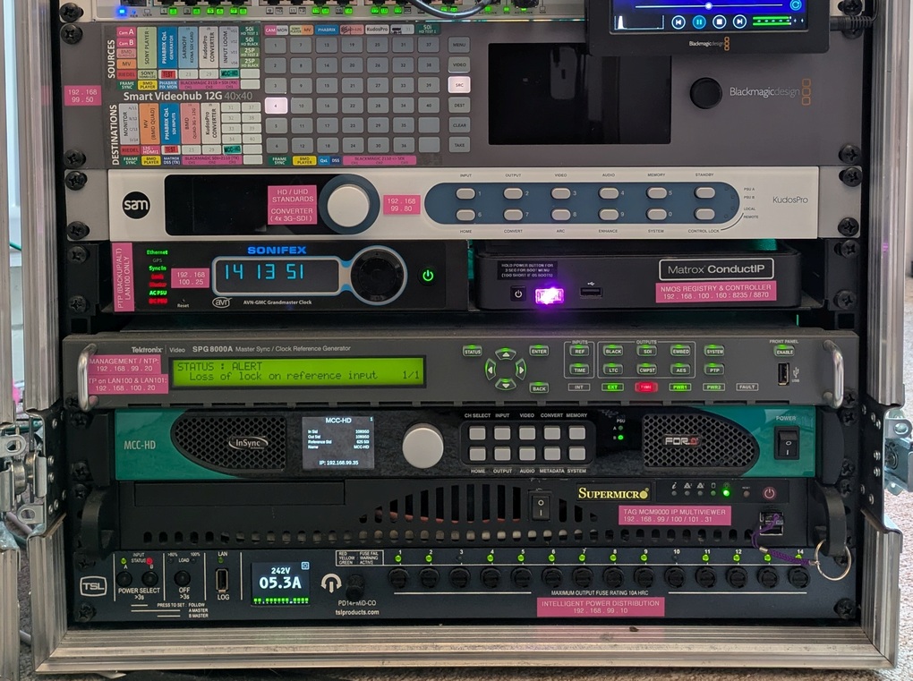 BigPinkDemoKit-IP-BottomCloseup Closeup of the bottom half of the IP demo rack