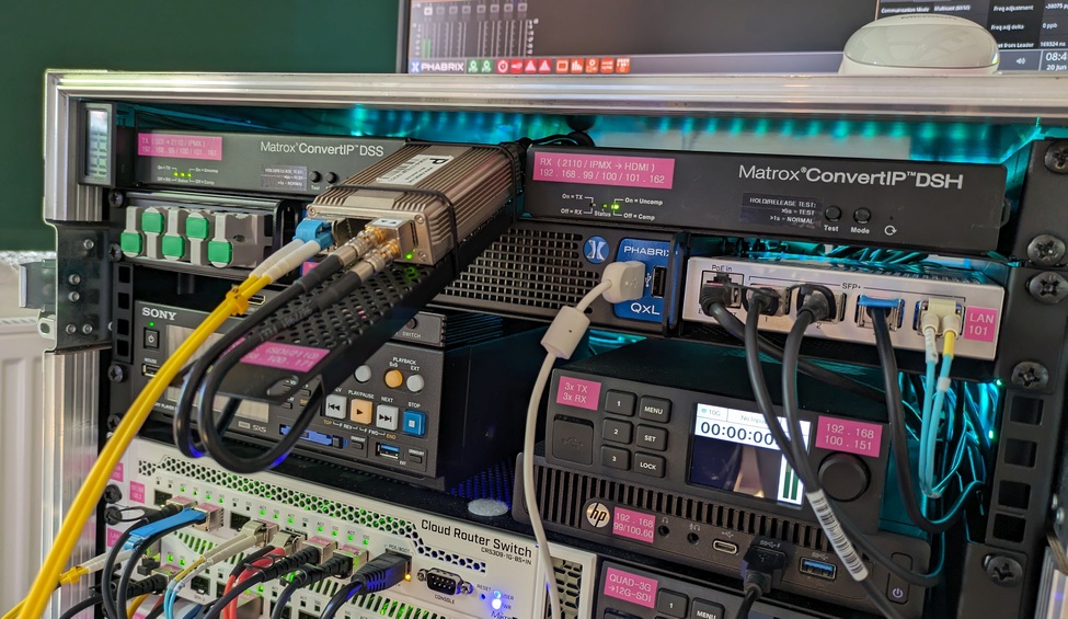 BigPinkDemoKit-IP-TopCloseup2 Closeup of the top of the IP demo rack showing the Matrox, Riedel and Phabrix 2110 devices