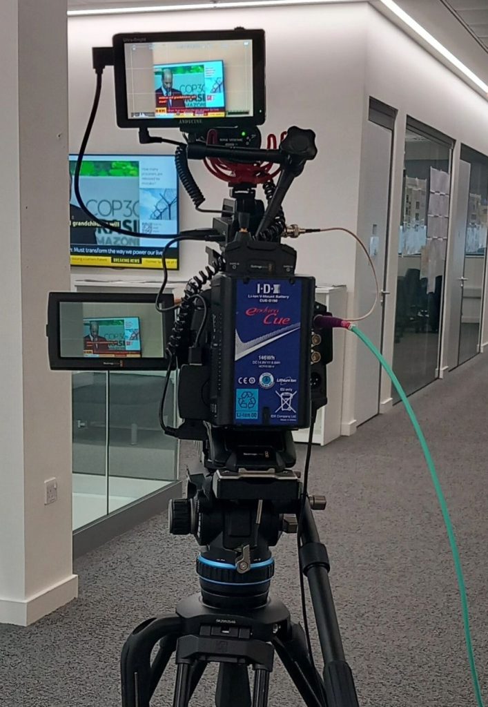 Practical Kit - Cinema Camera 2 Cinema camera fully rigged and operational viewed from behind - video can be seen on the on-body viewfinder and top-mounted HDMI monitor